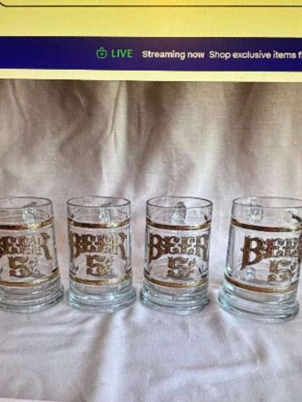 Beer Stein Mug 5 Cents Clear Glass Gold Color Leaf Lettering Beer Vintage Set 4